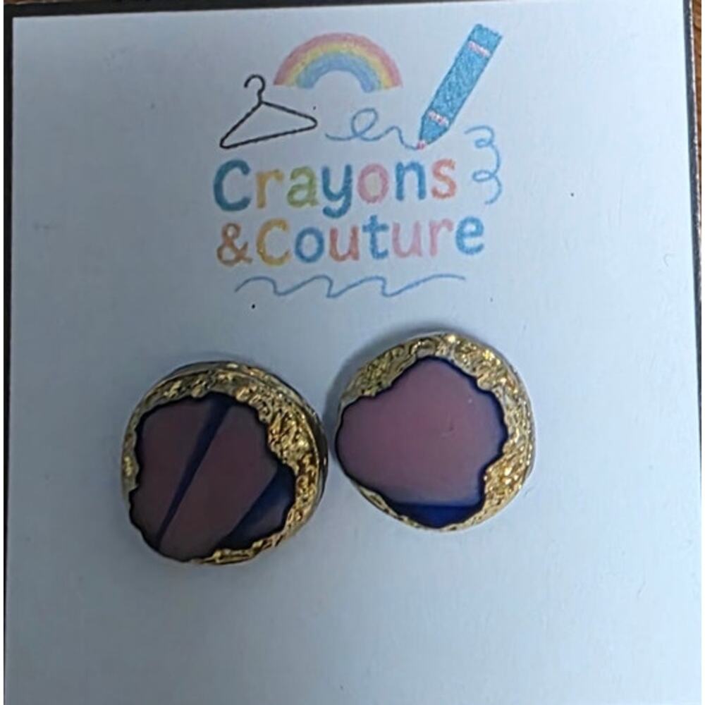 Geode Style Goldtone Stud Earrings Purple Blue Crystal Boho Nature NormCore Cute